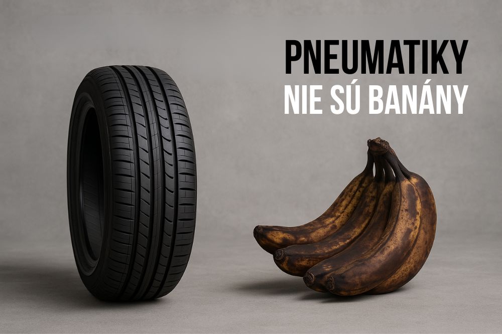 Nová pneumatika vedľa prezretého trsu banánov