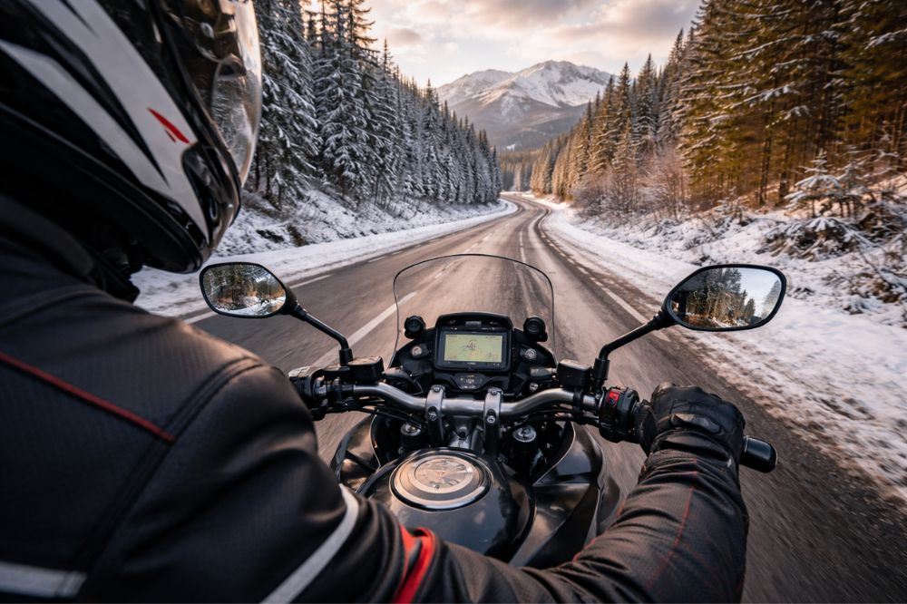 Jazdec na motocykli v zimnej krajine, pohľad z riadidiel na cestu medzi lesmi