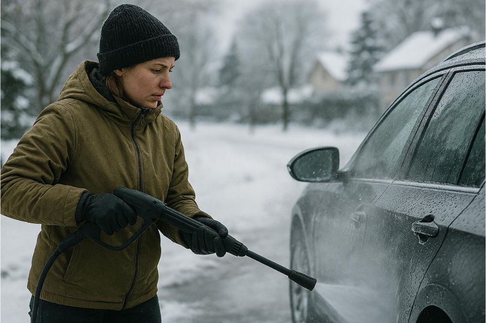 Žena um&yacute;va auto tlakovou um&yacute;vačkou pred domom v zime