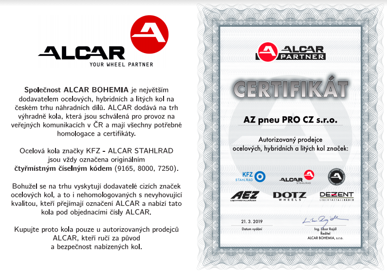 Certifikát Az pneu_autorizovaný prodejce kol