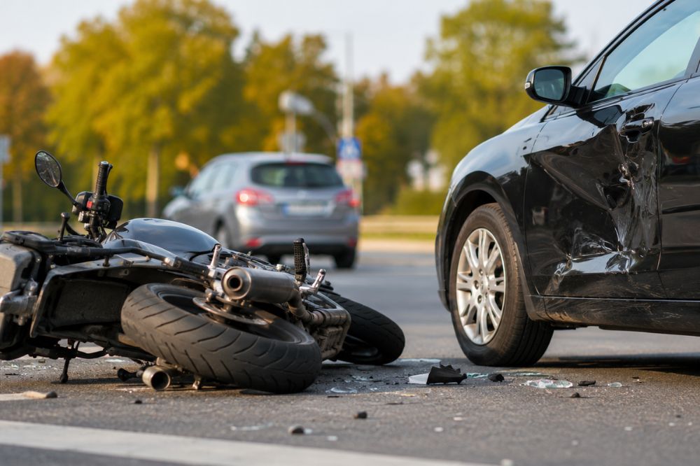 Motocykel lež&iacute; na vozovke po bočnom stretnut&iacute; s autom