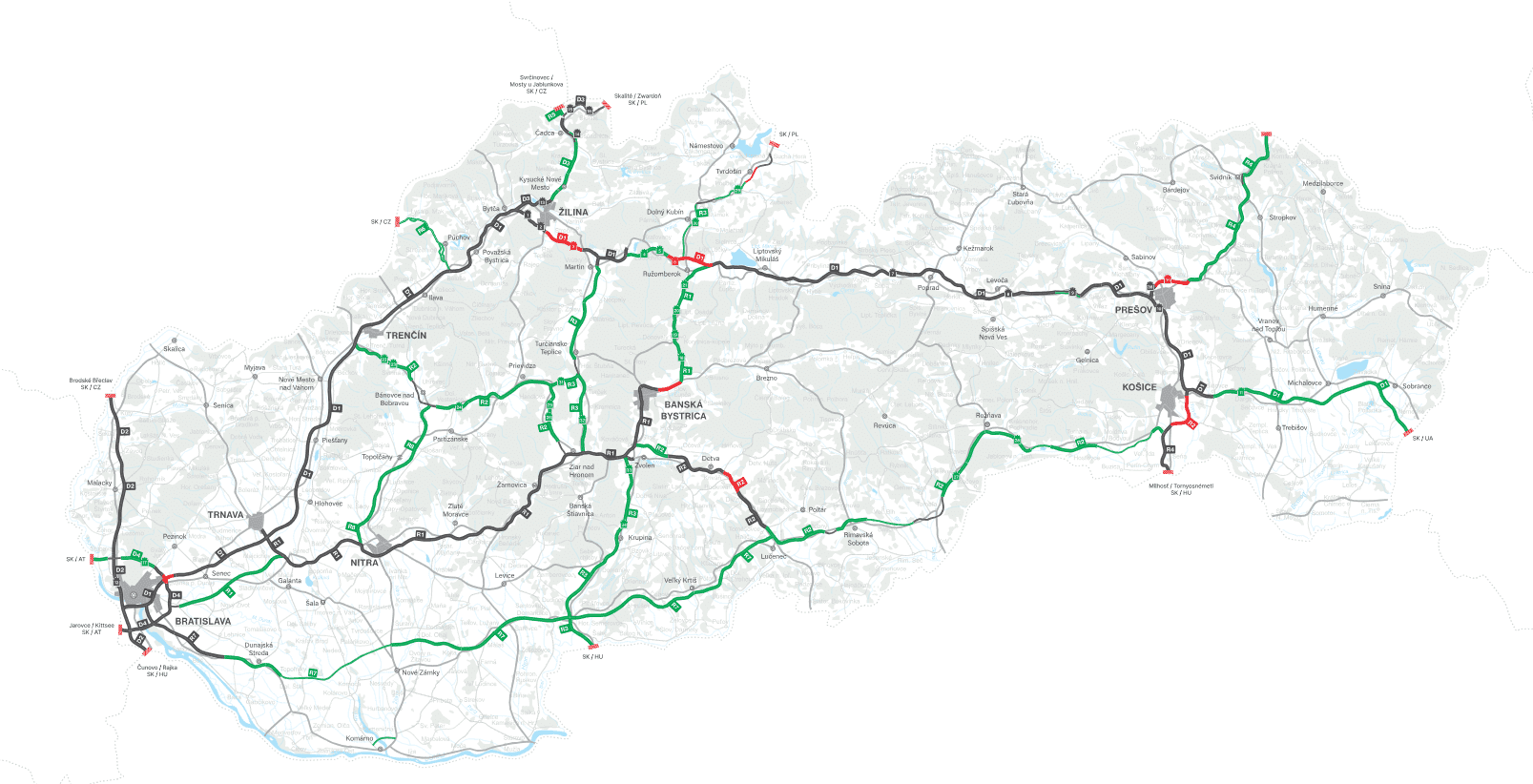 Mapa slovenskej diaľničnej siete