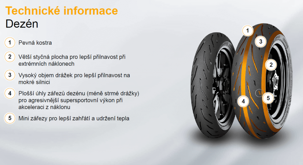 Vlastnosti jednotlivých častí dezénu moto pneumatiky Continental ContiSportAttack 5