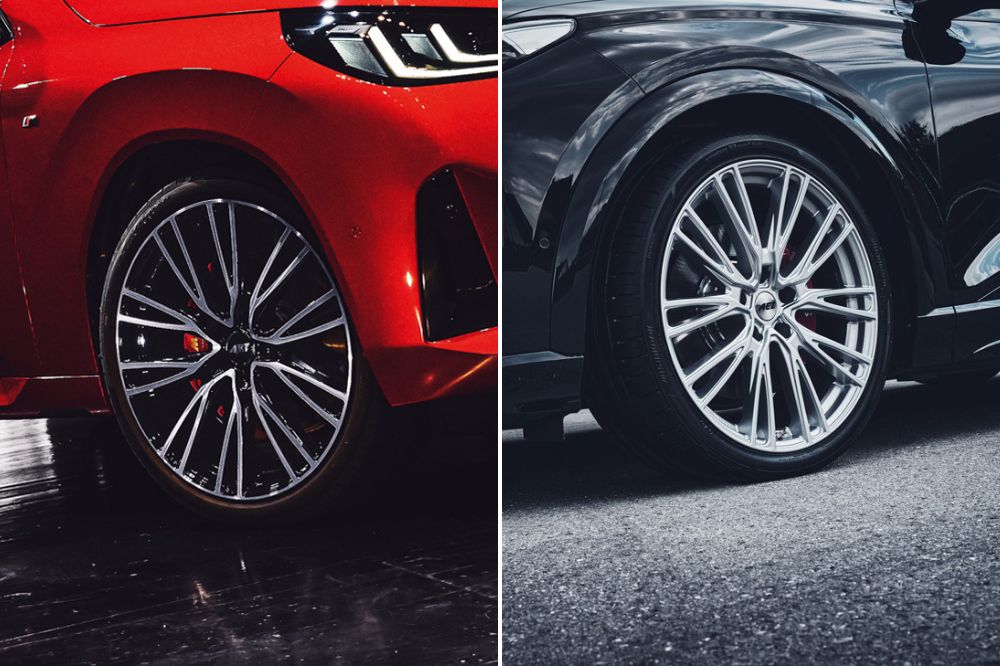 Pohľad na BMW X3 s alu diskami AEZ Seattle vo vyhotovení dark a na Audi SQ 6 s alu diskami AEZ Seattle v striebornom vyhotovení
